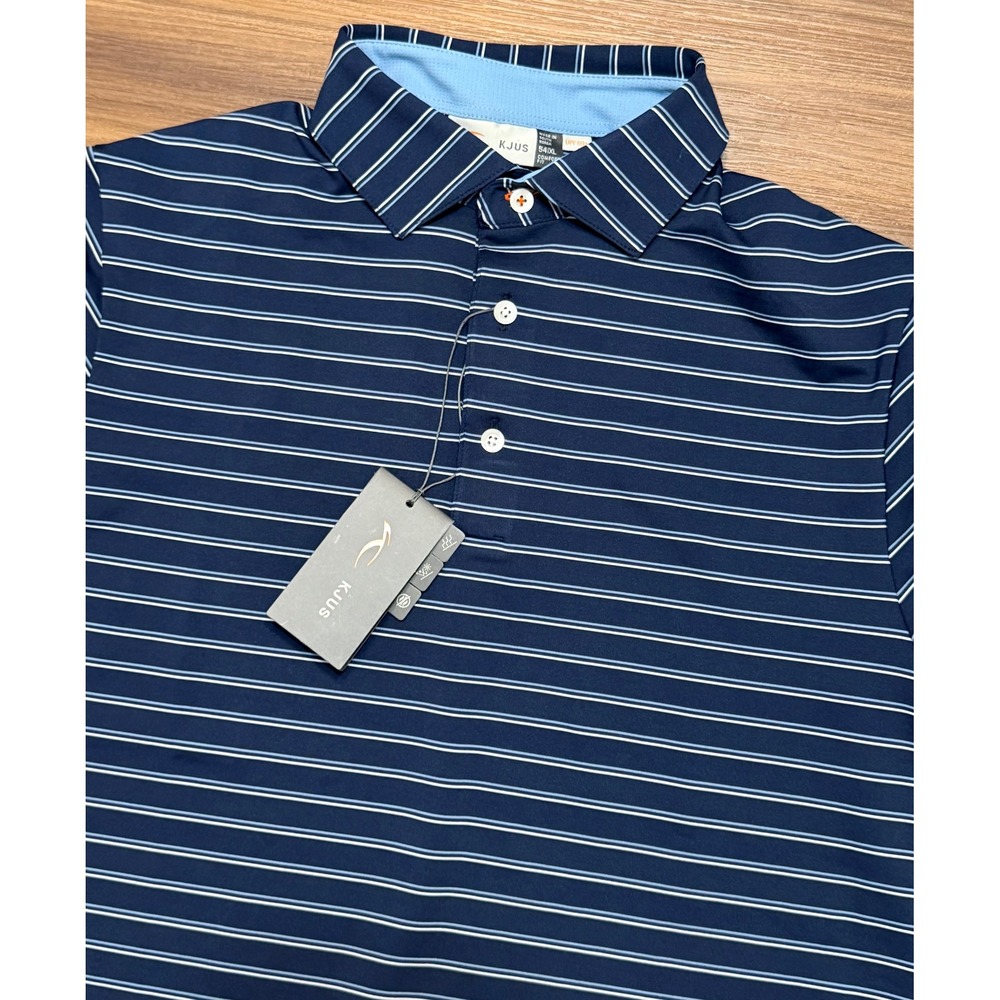 KJUS Men Soren Multistripe SS Performance Polo Shirt Blue White Striped Sz 54/XL